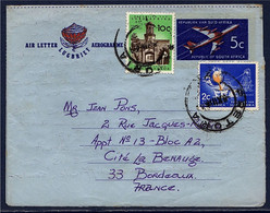 Aérogramme Entier Afrique Du Sud Avec Complément D'affranchissement Par 2 Timbres, De Pretoria 6.12.69 à Bordeaux - Airmail