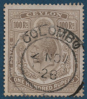 CEYLAN 1924 N°359 GIBBONS 100 RUPPIES Gris Brun Oblitéré De Colombo (probablement Fiscal) TTB & Signé Calves - Ceylon (...-1947)