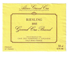 Etiquette De VIN " RIESLING - Grand Cru Brand 1993 " Turckheim - Riesling