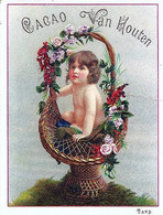 CHROMO-PUB Format 110X165mm < CACAO VAN HOUTEN - ENFANT DANS UNE PANIERE FLEURIE - Van Houten