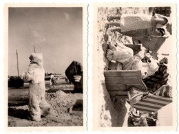 2 Photos Originales Déguisement D'Ours Blanc Polaire Eisbär En Ballade à La Plage Et Cabines De Ahlbeck En 1954. - Personas Anónimos
