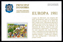 ANDORRA - 1981 VEGUERIA EUROPA HISTORIA DEL CORREU BLOCK FINE MNH ** - Viguerie Episcopale