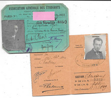 2 Cartes IDENTITE 1921-22 ETUDIANT ARTS DECO Paris   Et UNEF MARSEILLE 1938-39 Avec Photos - Visiting Cards