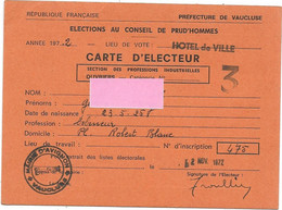 Carte D'Electeur CONSEIL DES PRUD'HOMMES  - Professions Industrielles, Ouvriers - 1972 MAIRIE D'AVIGNON - Visiting Cards