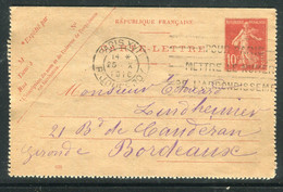 Entier Postal Carte Lettre Type Semeuse De Paris Pour Bordeaux En 1916 - Réf F16 - Kaartbrieven