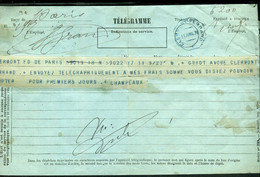 Télégramme De 1878 Avec Oblitération En Bleu De Clermont Ferrand - Réf F53 - 1877-1920: Période Semi Moderne