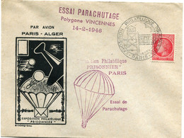 FRANCE ENVELOPPE ILLUSTREE EXPOSITION PHILATELIQUE "PRISONNIER" + CACHET ESSAI PARACHUTAGE POLYGONE VINCENNES 14-2-1946 - 1945-47 Ceres (Mazelin)