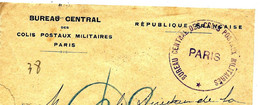 Grand CACHET  BUREAU CENTRAL DES COLIS POSTAUX MILITAIRES (guerre 14/18) - Cartas & Documentos