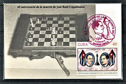 CUBA 2007 - Echecs (Chess) Jose Raul Capablanca - Table - Oblitération Rouge Sur Carte - Lettres & Documents