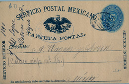 1890 MÉXICO , TARJETA ENTERO POSTAL PARA SERVICIO INTERIOR , LLEGADA AL DORSO , MAT. TIPO PARRILLA - México