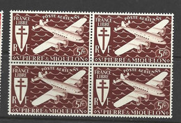 St Pierre & Miquelon 1942 France Libre Aeroplane Airmails 5 Fr. Brown MNH Block Of 4 - Neufs