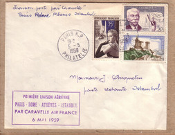 TURQUIE - LETTRE PARIS ISTANBUL , " PREMIERE LIAISON AERIENNE PARIS ROME ATHENES  ISTANBUL PAR CARAVELLE 1959 " - 1960-.... Brieven & Documenten