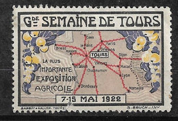 Vignette  Grande Exposition Agricole Tours Du 07  Au 15 Mai 1922 Neuf  *    B/TB   - Tourism (Labels)