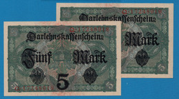 DEUTSCHES REICH 2 X 5 MARK 01.08.1917 # Q.17248918+19 P# 56b DARLEHENSKASSENSCHEINE - 5 Mark