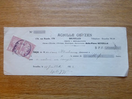 Belgique - Quittances 10 C - Pianos Achille Geyzen 178 Rue Royale Bruxelles - Fiscal - Fiscaux - Taxes - Timbres