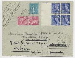 FRANCE MERCURE 10C BLOC DE 4 BDF +5CX2+50C SEMEUSE LIGNEE LETTRE BRUCH 13.1.1940 LOT ET GARONNE POUR ALGER  AU TARIF - 1938-42 Mercure