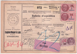 COLIS POSTAUX ALSACE - 1939 - UNIQUEMENT FISCAUX !! Sur CARTE EXPEDITION REPIQUEE ET PORT PAYE !! De STRASBOURG - Covers & Documents