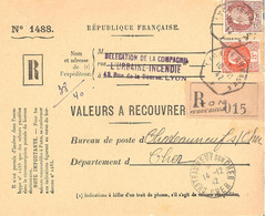 Valeur à Recouvrer N°1488 Pétain 3,00 Yv 521 1,50 Yv 517 Ob 1942 Recette Auxiliaire Urbaine Lyon Terreaux-F Reco - 1921-1960: Période Moderne