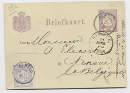 NEDERLAND BRIEF KAART ENTIER 2 1/2C + 2 1/2C ALMELO 1881 TO NINOVE BELGIQUE - Postal Stationery