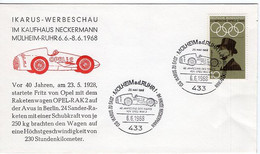 50915 - Bund - 1968 - SoStpl. MUELHEIM - 40.JAHRESTAG DES STARTS VON OPEL RAK 2 A. Schmuckumschlag - Autos