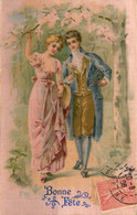 Silk * CPA Fantaisie Ancienne Brodée En Soie !!! * Bonne Fête * Homme & Femme Dans La Forêt ! * 1906 - Bestickt