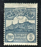 SAN MARINO 1903 VEDUTA 5 LIRE ARDESIA CENTRATO ** MNH LUSSO F.TA DIENA - Unused Stamps