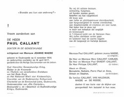 Doodsprentje Callant Paul   	06-11-1906 Oudenaarde	18-04-1977	Echtgenoot Van Jeanne Maebe - Overlijden