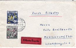 50945 - DDR - 1956 - 10&70Pfg. Ungez. Zdr. A. Engels-Block A. Eilbf. FREIBERG -> MUEHLHAUSEN - Covers & Documents