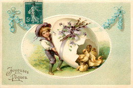 Fête * Joyeuses Pâques * Cpa Illustrateur * Poussins Oeufs Enfants * Cpa Gaufrée Embossed - Pasen