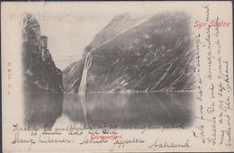 1904. NORGE. 10 øre Posthorn (defect) On Post Card (Syv Söstre Geirangerfjord). To Dresden, De... (Michel 56) - JF428089 - Lettres & Documents