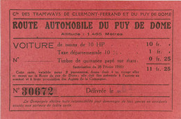 030222A - TICKET Cie TRAMWAY CLERMONT FERRAND PUY DE DOME Route Automobile Voiture N° 30672 - Europa