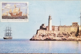 O) 1992 CUBA, CARIBBEAN, DISCOVERY OF AMERICA, SHIP STOPPING AT CANARY, LATIN AMERICAN HISTORY, MORRO CASTLE, LIGHTHOUSE - Cartes-maximum