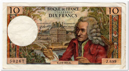 FRANCE,10 FRANCS,1972,P.147d,VF,2 PIN HOLES - 10 F 1963-1973 ''Voltaire''