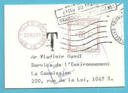 Naamkaartomslagje (catre-visite) Roodfrankeering BRUSSEL Stempel EXCLU DU TRANSPORT + NON ADMID AU TRANSPORT - 1980-99