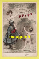 ILLUSTRATEURS / EDMOND BRUNING / CUPIDON TIRANT SES FLÈCHES SUR DES COEURS ACCROCHÉS PAR UNE JEUNE FEMME / 1904 - Other Illustrators