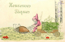 Heureuses Pâques * PAQUES * CPA Illustrateur Gaufrée Embossed * Attelage Scarabée Lutin Leprechaun * Champignons - Pasen