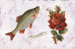 Carte Moirée Dentelée , Ajoutis  D'un Poisson Et D'une Rose - 1er Avril - Poisson D'avril