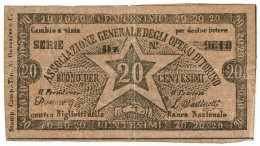 20 CENTESIMI FIDUCIARIO ASSOCIAZIONE GENERALE DEGLI OPERAI DI TORINO 1866 QSPL - Other & Unclassified