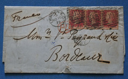 AE 8 GRANDE BRETAGNE BELLE LETTRE 1872 LONDON POUR BORDEAUX FRANCE +BANDE DE 3 TP + AFFRANCH. INTERESSANT - Brieven En Documenten