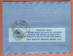 India Inland Letter / Ashoka Pillar, Lions 20, Postal Stationery / Pension Nidhi, The South Indian Bank - Inland Letter Cards