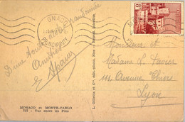 1949 MÓNACO , T.P. CIRCULADA A LYON  , MAT. MONACO / PRINCIPAUTE , MONTECARLO - VUE ENTRE LES PINS - Storia Postale