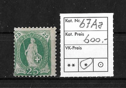 1882 - 1904 STEHENDE HELVETIA  Weisses Papier Kontrollzeichen Form A    ►SBK-67Aa* / Bläulichgrün, Starke Verzähnung◄ - Neufs
