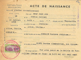 FISCAUX REPUBLIQUE MALGACHE SUR ACTE DE NAISSANCE TIMBRE 100F Vert Et Violet 1962 - Altri & Non Classificati