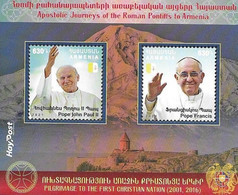 ARMENIA, 2021, MNH, VISIT OF POPES  TO ARMENIA, POPE JOHN PAUL II, POPE FRANCIS,  MOUNTAINS, S/SHEET - Papes