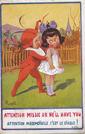 Right Attention Mademoiselle C' Est Le Diable . Devil Et Petite Fille En Jupe - Right