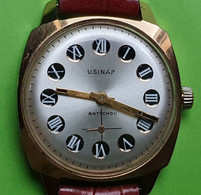 Montre Mécanique à Remontage Manuel  - Plaqué OR - U.S.N.A.P. (France) - Bracelet Cuir Neuf -  FONCTIONNE - Années 1980 - Moderne Uhren