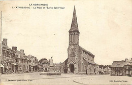 -dpts Div.-ref-BA126- Orne - Athis De L Orne - Place Et Eglise Saint Vigor - Petit Plan Monument Aux Morts Et Magasins - - Athis De L'Orne