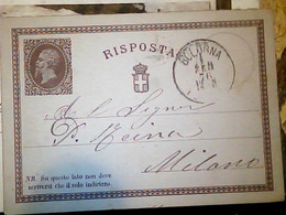 INTERO ITALIA REGNO VITTORIO EMANUELE II  RISPOSTA 1876 BOLOGNA X MILANO  IN4718 - Entero Postal