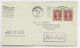 CANADA 3C PAIRE LETTRE COVER FDC VANCOUVER APR 1 1937 BC AIR MAIL TO ENGLAND - Covers & Documents