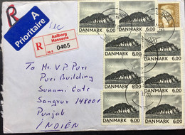 DENMARK 2002, REGISTERED AIRMAIL USED COVER TO INDIA,AALBORG VIGNETTE LABEL & CANCELLATION,9 STAMP 54 KROWN RATE!!! - Storia Postale